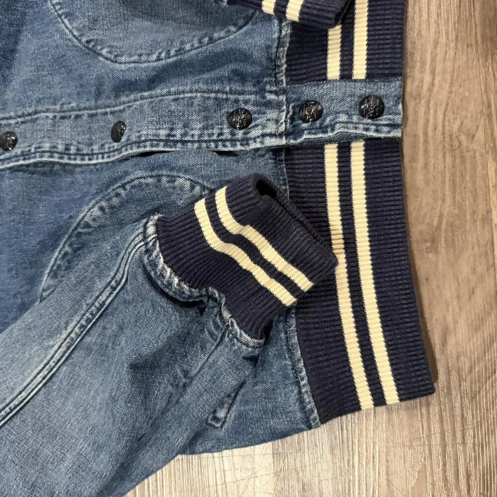 Polo Ralph Lauren Denim Varsity Jacket Mens small Logo Spellout Blue Cream Trim